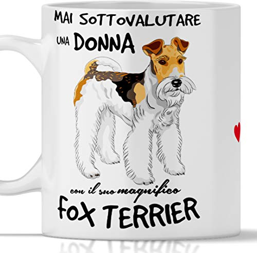 Taza Fox Terrier para desayuno, té, té de hierbas, café, capuchino. Gadget taza Nunca subestimar a una mujer con un perro fox terrier. Idea regalo original