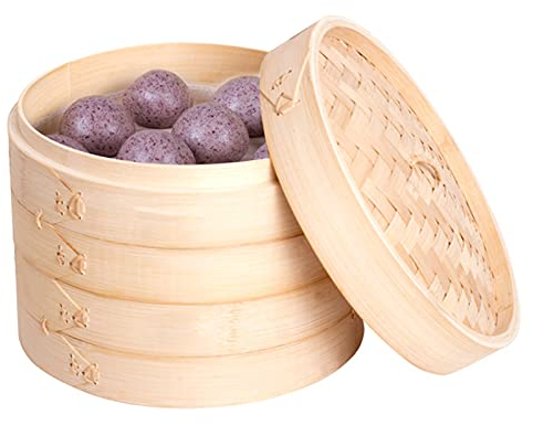 Bamboo Steamer, 2 Tiers Chinese Food Steamers, Traditional Design Healthy Cooking for Dumplings, Vegetables, Chicken, Fish - Handmade Steam Basket Included 2-Tiers with Lid,30cm