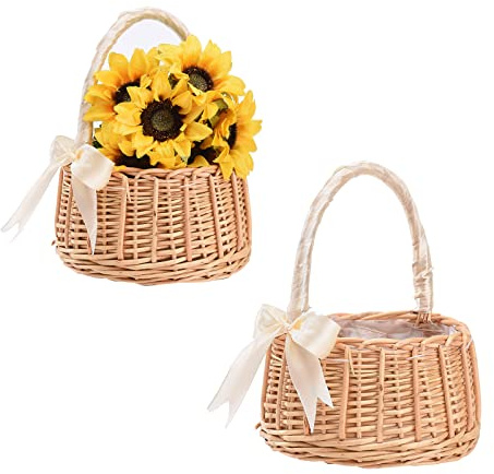 KEEBGYY 2 Stück handgeflochtene Blumenkörbe, Rattan-Blumenkorb, Hochzeits-Blumenmädchen-Körbe mit Griffen und Band, Blumenmädchen-Handkorb für Hochzeit, Ostern, Party-Dekoration
