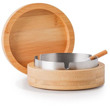 VViN Cendrier frais avec couvercle anti-odeurs et doublure en acier inoxydable, cendrier à cigares pour extérieur ou intérieur, bureau en bambou