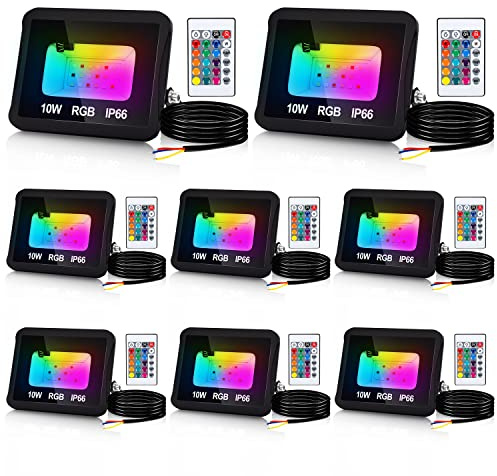 Ikodm 8er RGB Strahler 10W Fluter LED mit Fernbedienung, 16 Farben 5 Modi Farbwechsel Dimmbar Flutlicht für Außen,IP66 Wasserdicht Speicherfunktion Außenstrahler für Rasenlampe Baumlicht