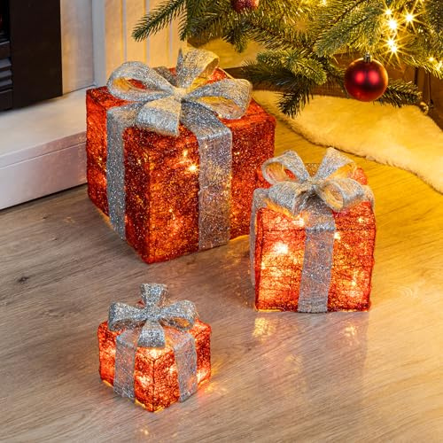 LED Geschenkboxen mit Timer 3er Set, Rot/Grau | Weihnachts Dekoboxen, Warm weiß beleuchtet, Weihnachten Advent Winter Christbaum Deko, Batterie betrieben