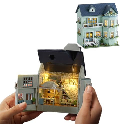 Kit de meubles miniatures en bois fait à la main avec LED, échelle 1:24, jouets créatifs en bois pour adultes, amis, amoureux, cadeau d'anniversaire (maison accueillante)