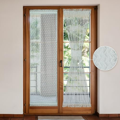 Moslovstar Set of 2 Green Sheer French Door Curtains, 25x72 Inch Botanical Branch and Leaf Lace Voile Curtains for Patio Glass French Door, Tieback Included