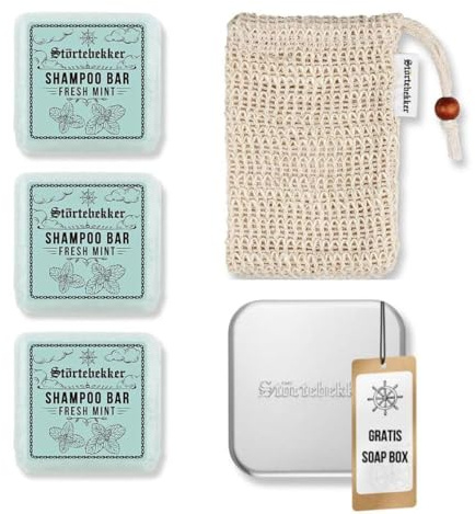 Störtebekker® Premium Duschset - Festes Shampoo Fresh Mint (x3), Sisalsäckchen + GRATIS Seifendose Aluminium - Shampoo Bar Set für Haare, Kopfhaut & Bart - Handgefertigt in Seifenmanufaktur