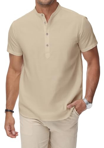 HMIYA Herren Sommerhemd Baumwolle Leinen Kurzarm Hemd Herren Henley-Kragen Lässiges Regular Fit Shirts