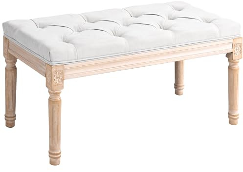 HOMCOM Bedroom End of Bed Bench, 32 Upholstered Entryway Bench with Button Tufted, Thick Padding and Wood Legs, French Vintage Style Linen-Feel Ottoman Bench for Hallway, Living Room, Cream White