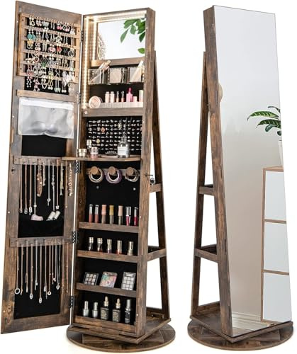 RELAX4LIFE Schmuckschrank mit 2 Spiegeln, 3 in 1 Spiegelschrank mit 3 farbigen LEDs, 360° Drehbar & Abschließbar, Schmuckorganizer mit 3 Regalen (Vintagebraun)