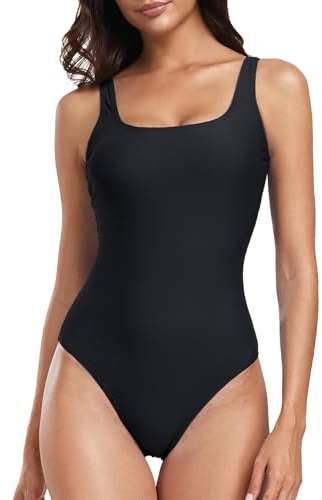 Deriwone One Piece Swimsuit Tummy Control Swimming Costume Retro Scoop Back Swimwear Padded Bathing Suits L,Black
