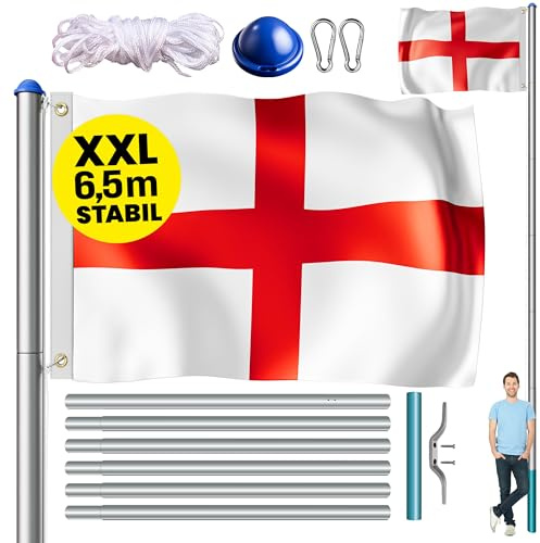 MONZANA® Asta para Bandera 6,5m Aluminio Cuerda para Izar Altura Regulable Telescopica Bandera Inglaterra UK