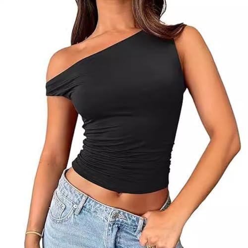 HSAJS T Shirt Donna Monospalla Maglietta Maniche Corte Camicia Elegante Top Asimmetrico Maglia Aderente Abbigliamento Casual Estivo Primavera Sportiva Tshirt Moda