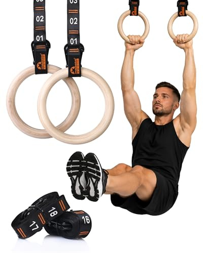 Majestic Sport Turnringe Holz - Gymnastikringe mit 34 Verstellstufen, Ø 23,5 cm Naturholz, hochfeste Nylon-Gurtbänder & Stahlkarabiner - Gym Rings für Calisthenics, Klimmzüge & Dips, Indoor & Outdoor