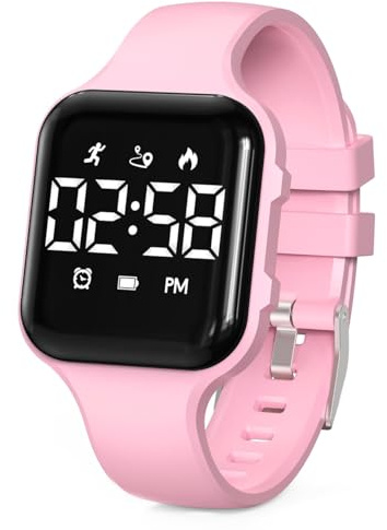 synwoo Kids LED Digital Watch, with Pedometer Step Counter, Waterproof, Sport Wristwatch, Calendar, Alarm Clock for Children Boys Girls Teens(Pink)