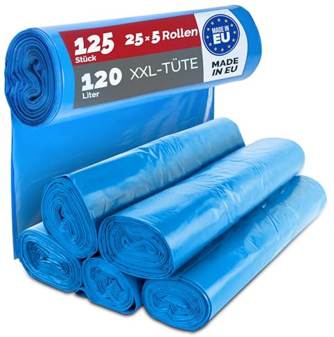 BHM 125 Stück Müllsäcke extra starke Abfallsäcke 5 premium blaue Rollen 120 Liter