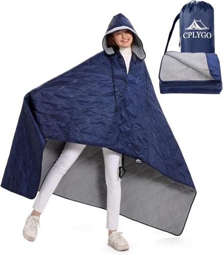 wasserdichte Picknickdecke Fleecedecke mit Hut, Groß Tragbare Decke für Camping, Stadion, Strand, Auto, Sofa, Yoga, kaltes Wetter, Reisedecke Ultraleicht Warm Winddicht Sandfest, 145 x 190 cm, Blaue