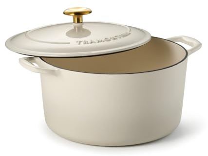 Tramontina Bestow - Olla holandesa de hierro fundido esmaltado con tapa, redonda de 6.5 cuartos de galón, latte (perilla dorada)