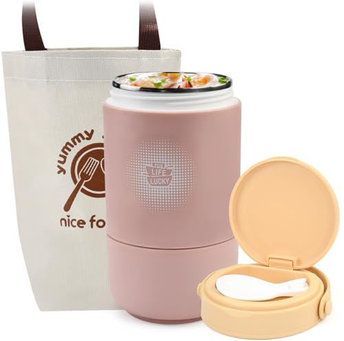 GZCZCC Thermos per Alimenti Caldi 2 Scomparti 730ML, Contenitore Termico Alimenti con Borsa, Portapranzo Coibentato in Acciaio Inox con Cucchiaio, Barattolo Isolante per Zuppa, Porridge, Riso, Frutta