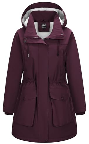 Outdoor Ventures Women's Waterproof Coat with Hood Long Winter Windproof Parka Jacket Ladies Thicken Warm Windbreaker Outdoors Raincoat for Hiking Traveling Walking Wine 2XL