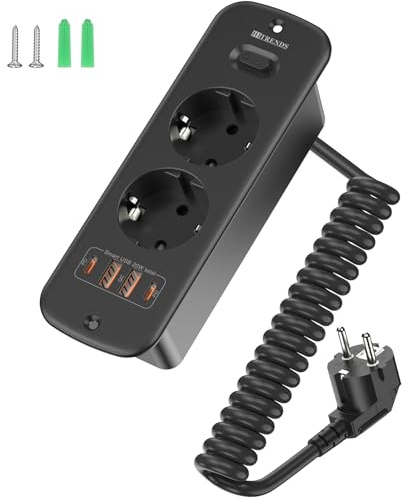 Tischplatte Versenkbare Steckdose mit 4 USB (2×USB-A + 2×USB-C) und Schalter, Einbausteckdose Steckdosenleiste 2 Fach mit 2M, 4000W/16A, Tischsteckdose für Büro, Homeoffice und Küche - Schwarz