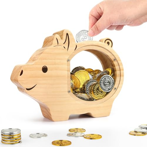 Foyucool Spardose Kinder, Holz Sparschwein Spardose für Jungen und Mädchen | Personalisiert Sparschwein mit DIY Aufkleber, für Geburtstag und Festival