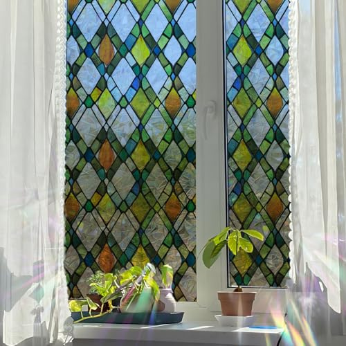 Runtoo Sichtschutzfolie für Fenster, Regenbogengitter, Fensteraufkleber, 3D-Dekor, Vinyl, Buntglas, Boho-Aufkleber, statischer Aufkleber, nicht klebend, 40 x 101,6 cm
