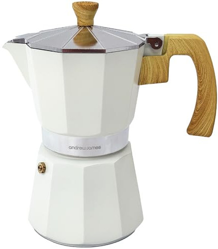 andrew james 6 Cup Moka Pot Coffee Percolator, Italian Espresso Maker Stove top Coffee Maker for Ground Coffee, Aluminium Mocha Pot with Cool Touch Handle (Ivory with Wooden Trim)