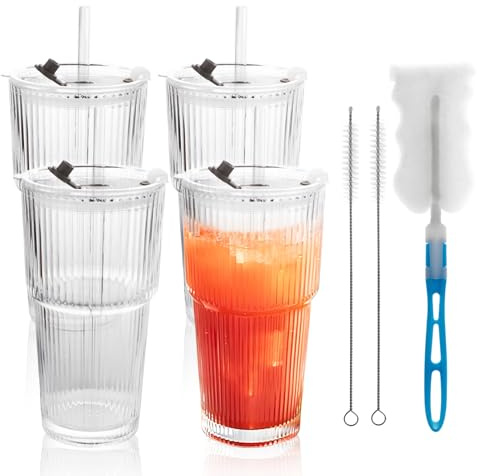 WOPPLXY 4 vasos con tapa y pajita, vasos de cristal de 600 ml con tapa y pajita, vasos de café helado para zumo, batidos, café, té