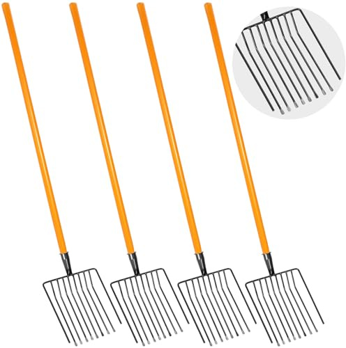 Lanties 4 Sets Pitch Fork 10 Tines Wide Manure Fork with Long Handle Heavy Duty Muck Rake Broadfork Garden Tool for Gardening Horse Stall Picking up Manure Farm