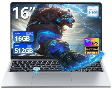 Moacreto Ordinateur Portable 16 Pouces, 16 Go RAM SSD 512 Go Alder Lake N100(jusqu'à 3,4 GHz), PC Portable écran IPS FHD 1200P, Clavier Rétroéclairé, WiFi 5, BT5.0, USB 3.0, Mini HDMI Laptop