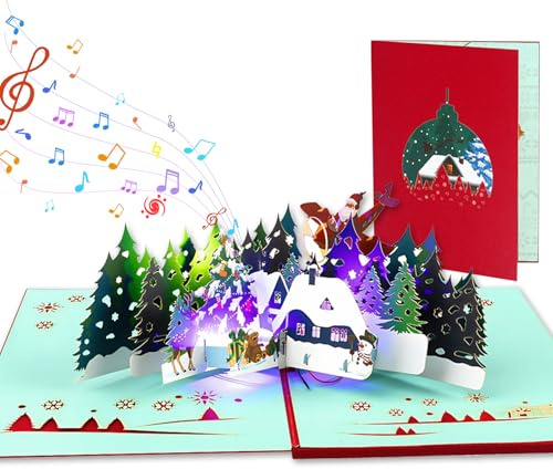Tarjeta de Navidad 3D desplegable con música y luces,Tarjetas de Navidad 3D Pop-Up,Tarjeta Exquisita Regalo,con Sobres (Rojo-A)