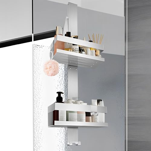 Duschablage zum Hängen,Duschablage ohne Bohren, Duschkorb mit 4 Haken,Silbe | Platzsparende Duschhalterung aus Edelstahl SUS304 Shampoo Duschgel Halterung für Handtuchhalter Dusche Glaswand