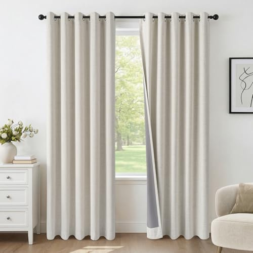 INOVADAY 100% Rideau Occultant Thermique 2 Panneaux 140x260 CM, Beige Clair | Rideau Thermique Isolant Anti Froid et Chaleur, Rideaux Salon Effet Lin à Oeillets, Réduction du Bruit, Protection UV, OEKO