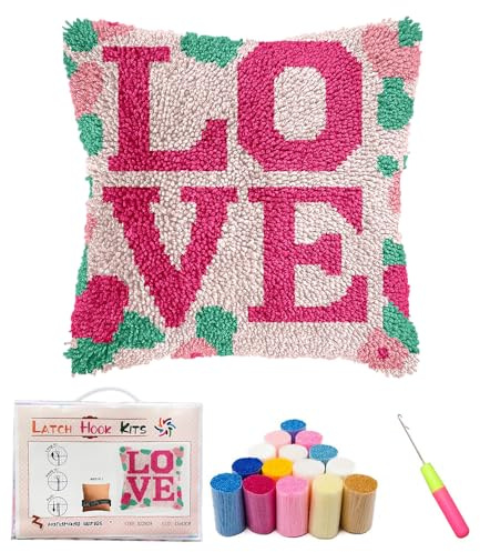 Kaseremy Love Latch Hook Cushion Kits for Adults Beginners, Cushion Covers for Crafting, Crochet Craft Kits DIY Pillowcase Sofa Home Decor, Valentine's Day Birthday Gift for Women (Love Flower)