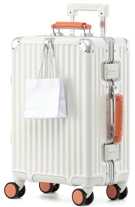 Aoliwei Aluminium-Rahmen Reisekoffer M (64cm) – Premium Hartschalen-Trolley für 4-6 Tage Reisen, Weiß-Orange Echtleder-Griff, TSA-Schloss & & 360° Silent-Doppelrollen, Weiß