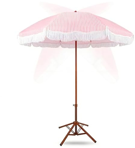 UPF50+ Strandskydd 200cm, Vindbeständig Solskydd med 45° Lutning, Bärbar Randig Terrassskydd för Strand/Camping/Trädgård, 1.2M Faltbar Utomhus Solskydd med Fransar(Pink+base)