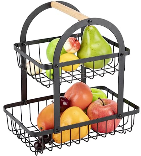 EliteHoff Alzata per frutta a 2 ripiani, a 2 ripiani, in acciaio inox, per frutta, verdura, pane, snack, rettangolare, cestino per il pane per la cucina (nero)
