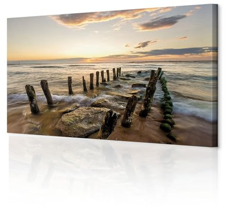 decomonkey Wandbilder Strand Meer 120x40 cm 1 Teilig Leinwandbilder | Strukturleinwand, Holzkeilrahmen, Bild auf Leinwand, Kunstdruck, Wanddeko, Wohnzimmer, Wanddekoration, Sonnenuntergang