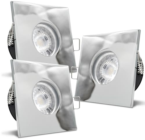 trendlights24 V2 IP65 Bad LED Einbaustrahler 230V Chrom eckig 3 Stufen dimmbar ultra flach 35 mm 3er Set 5W Warmweiß Einbauspots für Feuchtraum