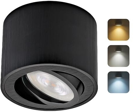 Sweet Led Aufbaustrahler Schwarz Gebürstet Flach Ø80x50mm Schwenkbar Aluminium Deckenstrahler Aufputz Rund inkl. wechselbarem 5W CCT LED Modul 230V 3000K/4000K/6500K Warmweiß Neutralweiß Kaltweiß