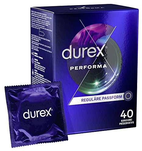 Durex Performa Kondome – Angenehmen Geruch, komfortablen Sitz und leichtes Abrollen – Mit 5% benzocainhaltigem Gel in der Kondomspitze – Befeuchtet & transparent – 40er Pack (1 x 40 Stück)