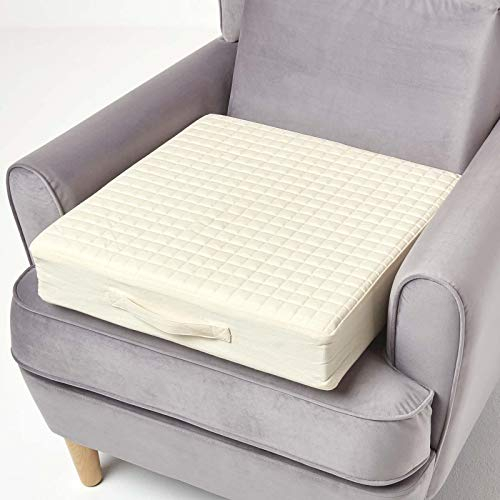 HOMESCAPES Cream Quilted Armchair Booster Cushion with Removable Cover 50 cm Square 10cm Deep Firm Orthopaedic Foam Cushion Seat Pad with Soft 100% Cotton Washable Cover
