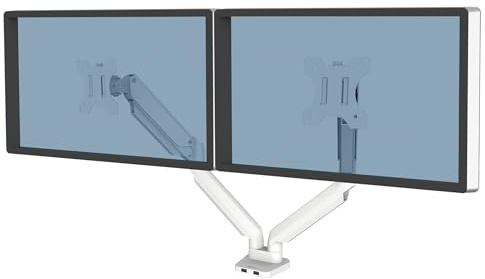 Fellowes Brazo para Monitor Doble Platinum Series - Soporte para monitor ajustable, con funciones de inclinación, giro y rotación y con 2 puertos USB - Tamaño máximo del monitor 32 - Blanco