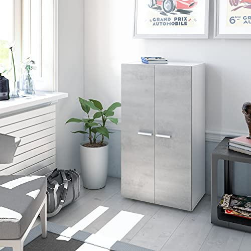 Dmora - Armadio multiuso 2 ante Norwalk, Armadio porta scarpe, Mobile basso con 6 ripiani, Scarpiera bassa moderna, 55x36h103 cm, Bianco e Cemento