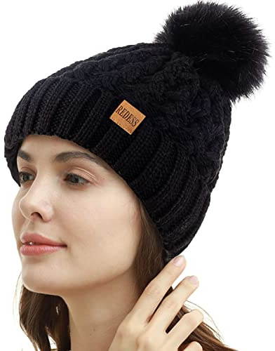 REDESS Cappello Invernale da Donna con Pompon con Pompon Cappelli Caldi Foderati in Pile, Berretto Incrociato in Maglia di Neve Spessa e Morbida per Le Signore