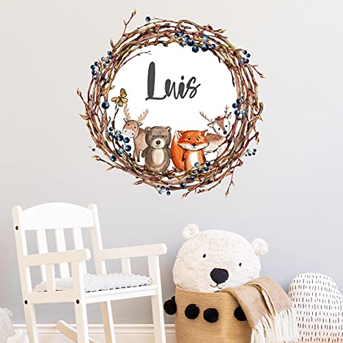 Waldtiere mit WUNSCHNAME V279 Wandtattoo personalisierbar Aufkleber Sticker Kinderzimmer Namensaufkleber Name Wunschnamen Türaufkleber Kranz (50 x 50 cm)