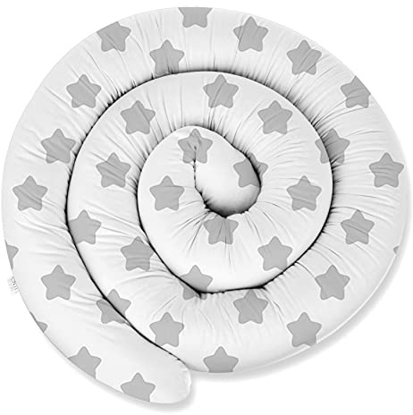 ekm trade XXL 300 cm Bettschlange für Allergiker Bettkissen Stillkissen Bettrolle Zierkissen Bettumrandung Schlange Handmade 100% Baumwolle (22 – Weiß – Grauer Stern, 300 cm)