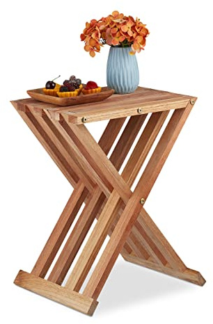 Relaxdays Table Pliante, Bois de Noyer, Salon, Balcon et terrasse, HLP 44,5x34x28 cm, Table d'appoint, Pliable, Naturel