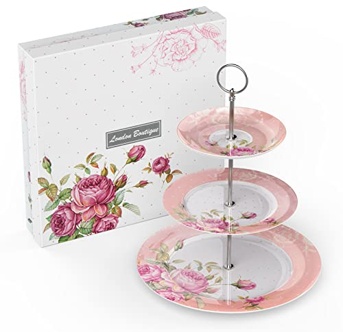 London Boutique 3 Tier Cake Stands Afternoon Tea Cake Stand Plates New Bone China Vintage Flora Gift for Her (Pink)