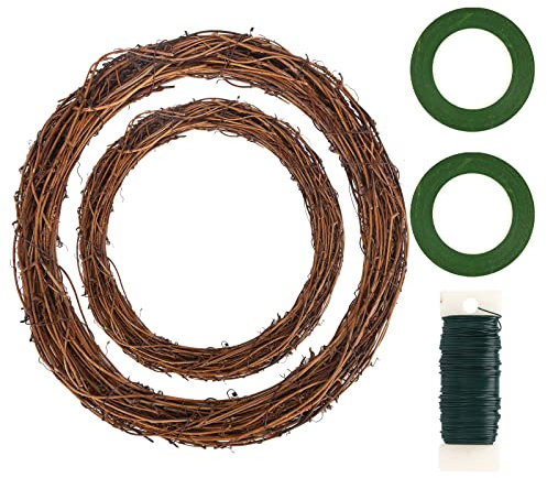 Natural Grapevine Wreaths Making Supplies 2 Size Retro Vine Branch Wreath Florist Wire and 2 Green Tapes for DIY Christmas Craft Front Door Wall Hanging Holiday Wedding Party Christmas Decoration