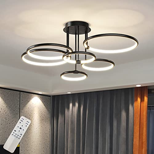 DDYY Modern LED Deckenleuchte groß Rund Ring Deckenlampe 3/4/5/6Kopf Schwarz DeckeLichter Gold Dimmbar mit Fernbedienung für Schlafzimmer Wohnzimmer lampe Küche Aluminium (Schwarz, 6 Ringe/104cm)